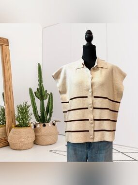 Cocobleu Cap Sleeve Striped Button Down Sweater